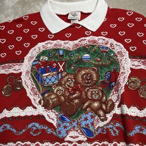 Nutcracker 80s M Christmas Granny Cozy Sweater Holiday Bears Bells Cottage Red